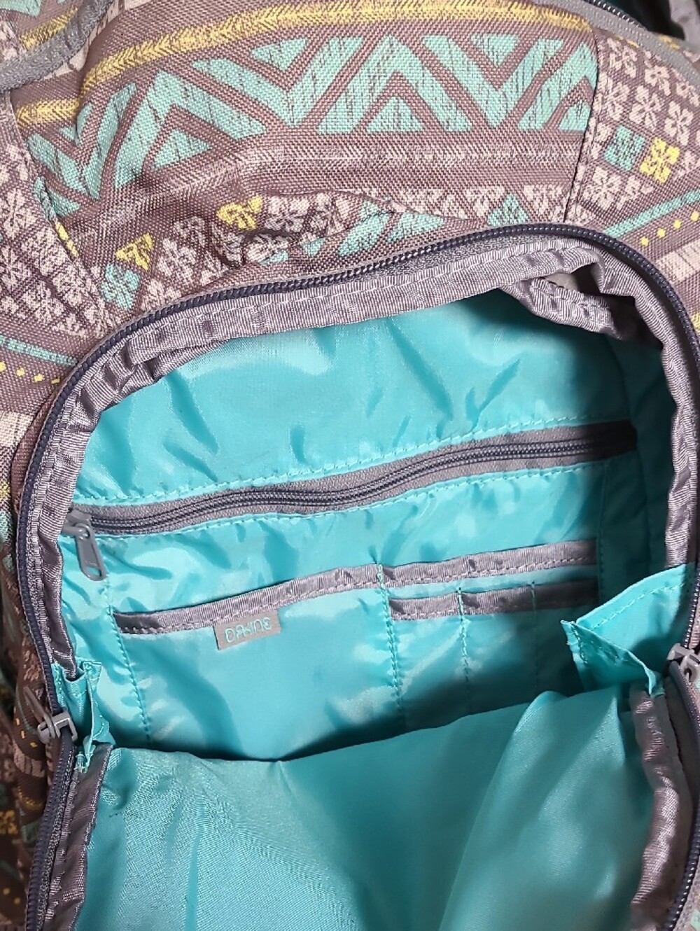 Gray Patterned Backpack with Aqua & Yellow Accents - Picture 6 of 11